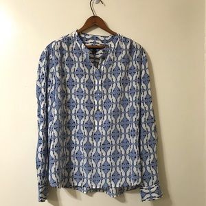 J. Crew Blue and White Silk Cat Print Shirt